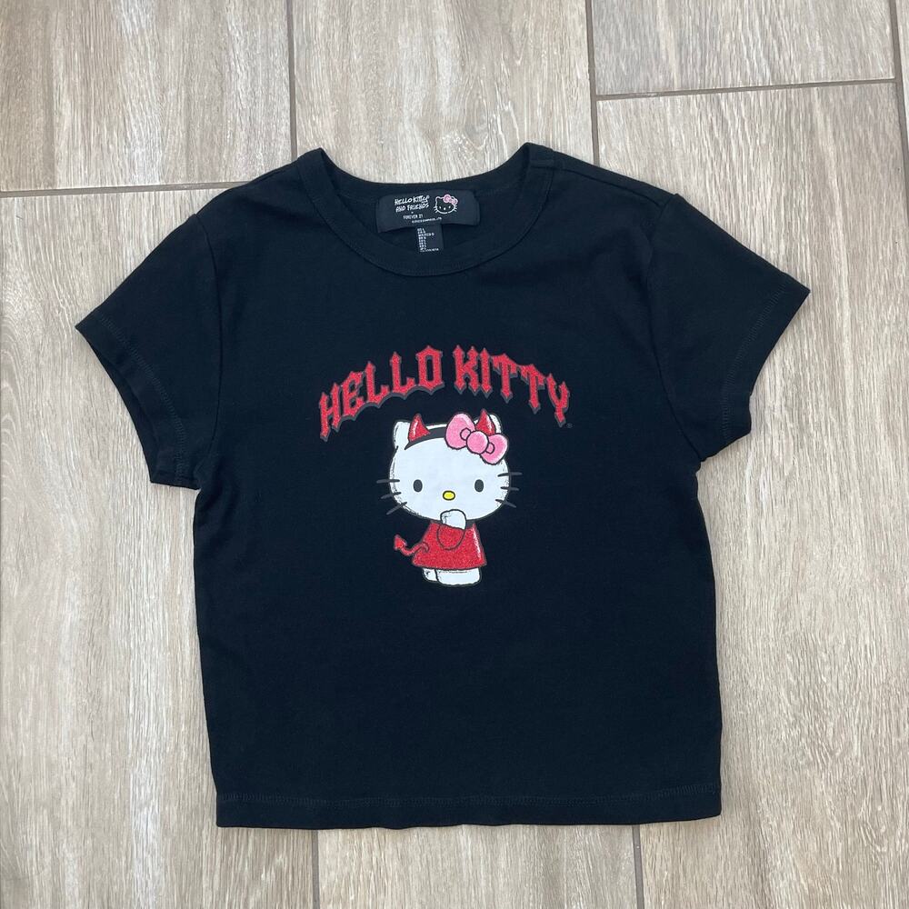 Hello Kitty Forever 21 Baby Tee Womens L Black Devil Halloween Sanrio Y2K